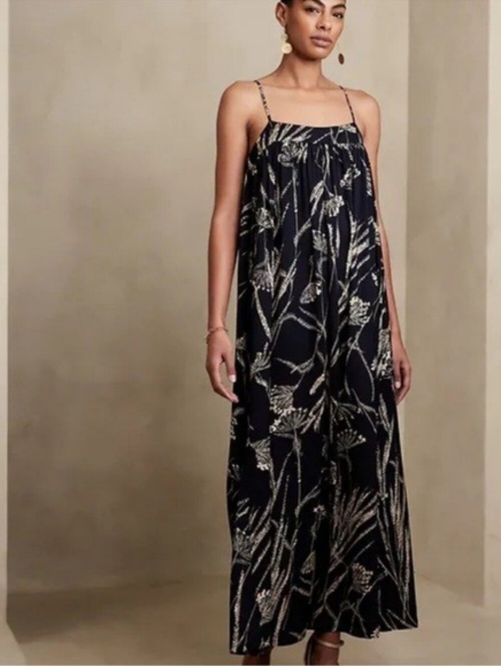Banana Republic Trapeze Navy Wheat Floral Flowy Bohemian Maxi Dress Size 10